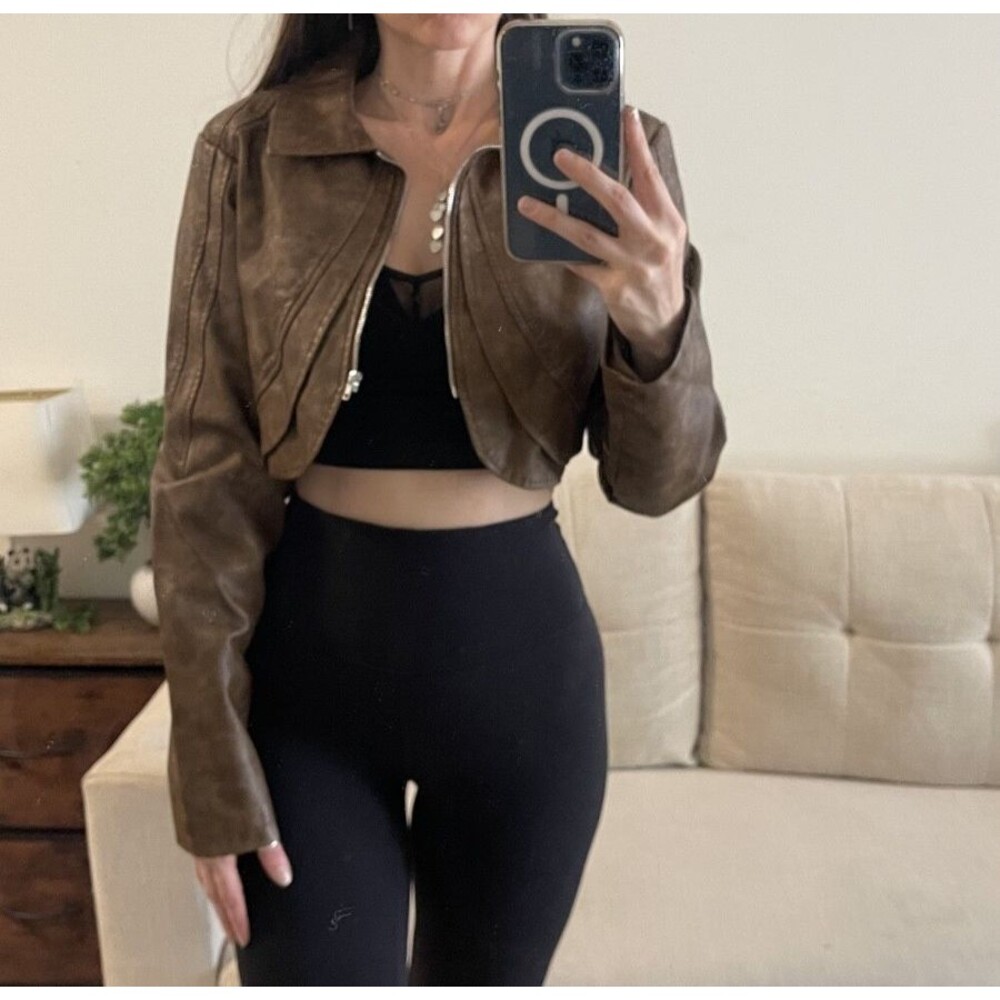 Fashion Nova Distressed Brown Faux Leather Cropped Jacket S